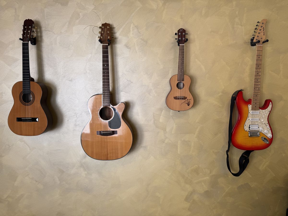 Konzertgitarre, Westerngitarre, Ukulele und E-Gitarre an der goldenen Wand des Unterrichtsraums